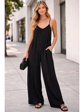 Illa Ila Wide-Leg Adjustable Strap Jumpsuit Women’s Side Pockets Black Medium